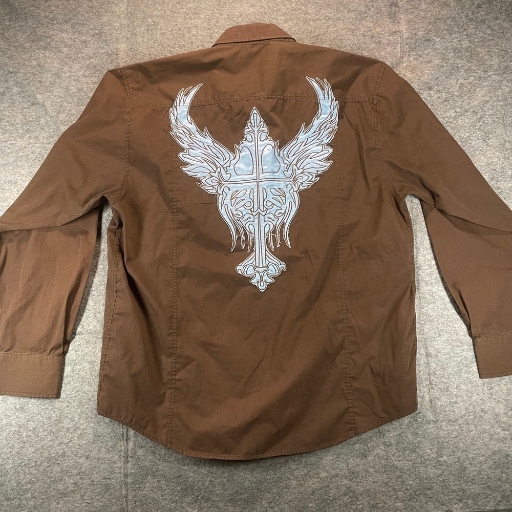 Manzini Mens Shirt 2XL Long Sleeve Western Cross Angel Wings Tattoo Graphic